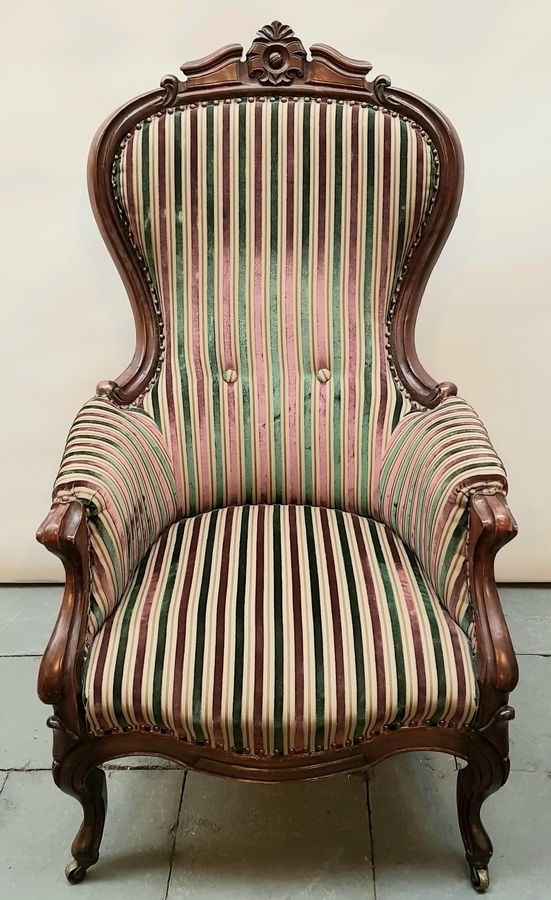 (Antiek) Fauteuil Mahoniehouten Beidermeier fauteuil met gestreepte bekleding en gestoken kroon