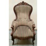 (Antiek) Fauteuil Mahoniehouten Beidermeier fauteuil met gestreepte bekleding en gestoken kroon
