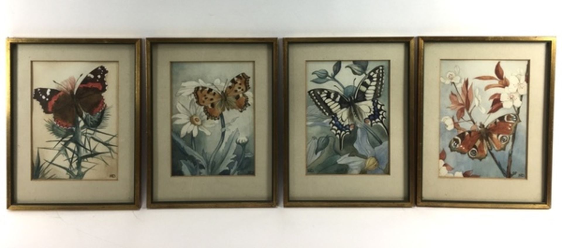 (Kunst) Serie aquarellen, Annie M. Dommering Vier aquarellen met een afbeelding van een vlinder