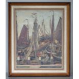 (Kunst) Schilderij, J. de Wolf Schilderij, botters in haven Volendam, olieverf op doek, J. de