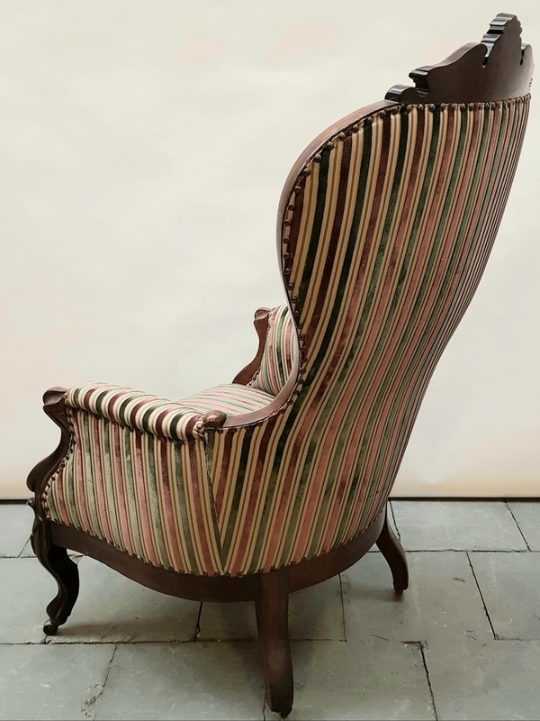 (Antiek) Fauteuil Mahoniehouten Beidermeier fauteuil met gestreepte bekleding en gestoken kroon - Image 4 of 4