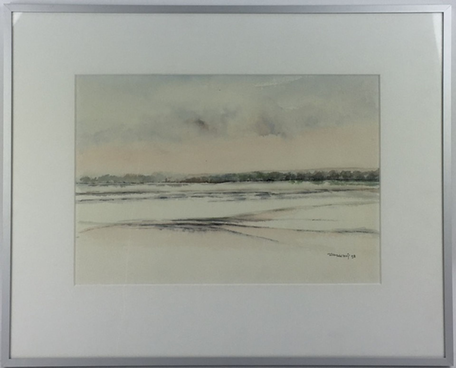 (Kunst) Aquarel, Willem Wolthuis Aquarel, landschap, Willem Wolthuis (Winschoten 1940-). Rechts