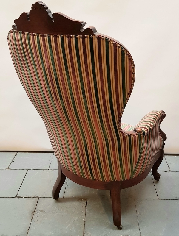 (Antiek) Fauteuil Mahoniehouten Beidermeier fauteuil met gestreepte bekleding en gestoken kroon - Image 2 of 4