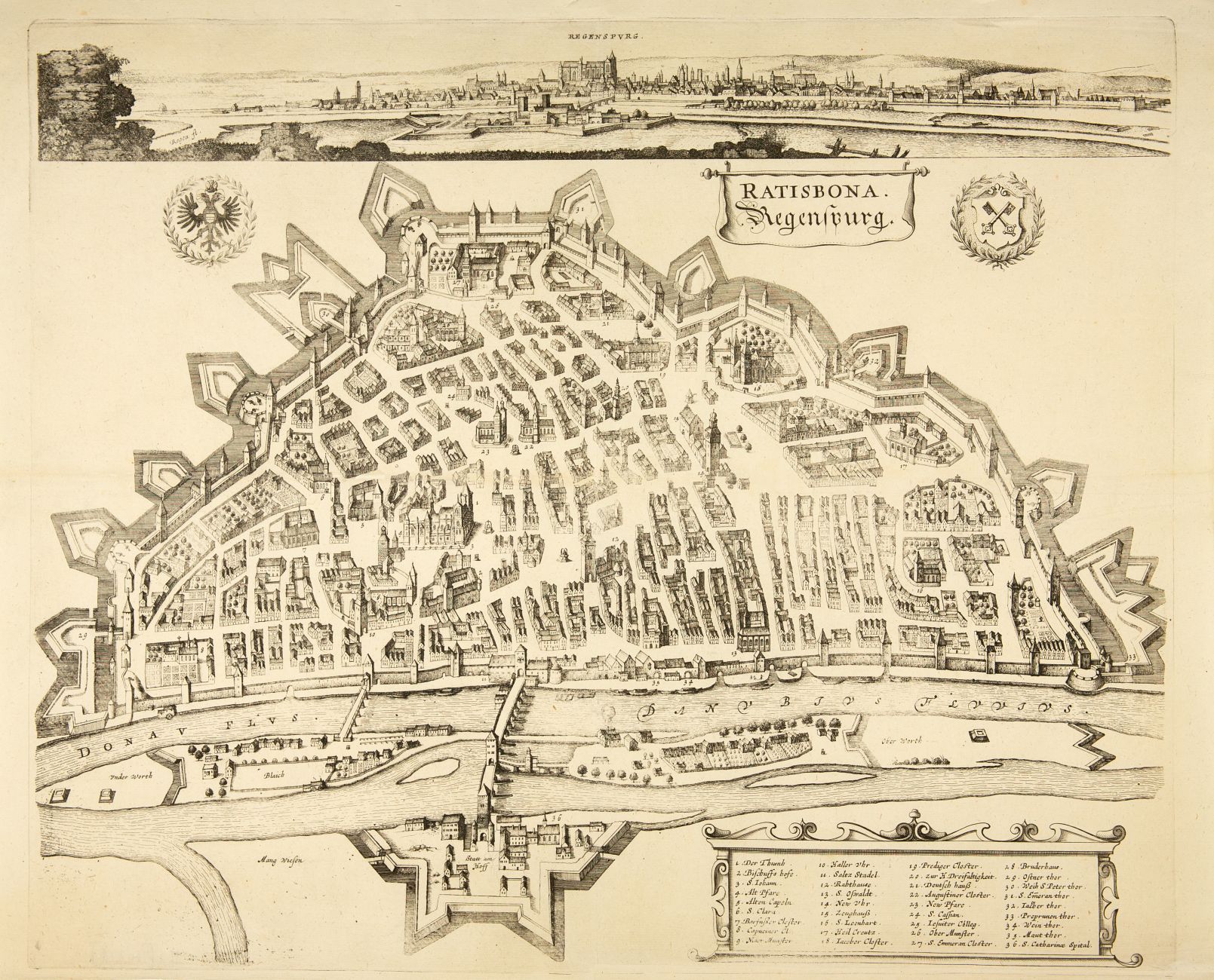 Regensburg. Ratisbona. Vogelschau-Ansicht. Kupferstich aus Leti. 1689.