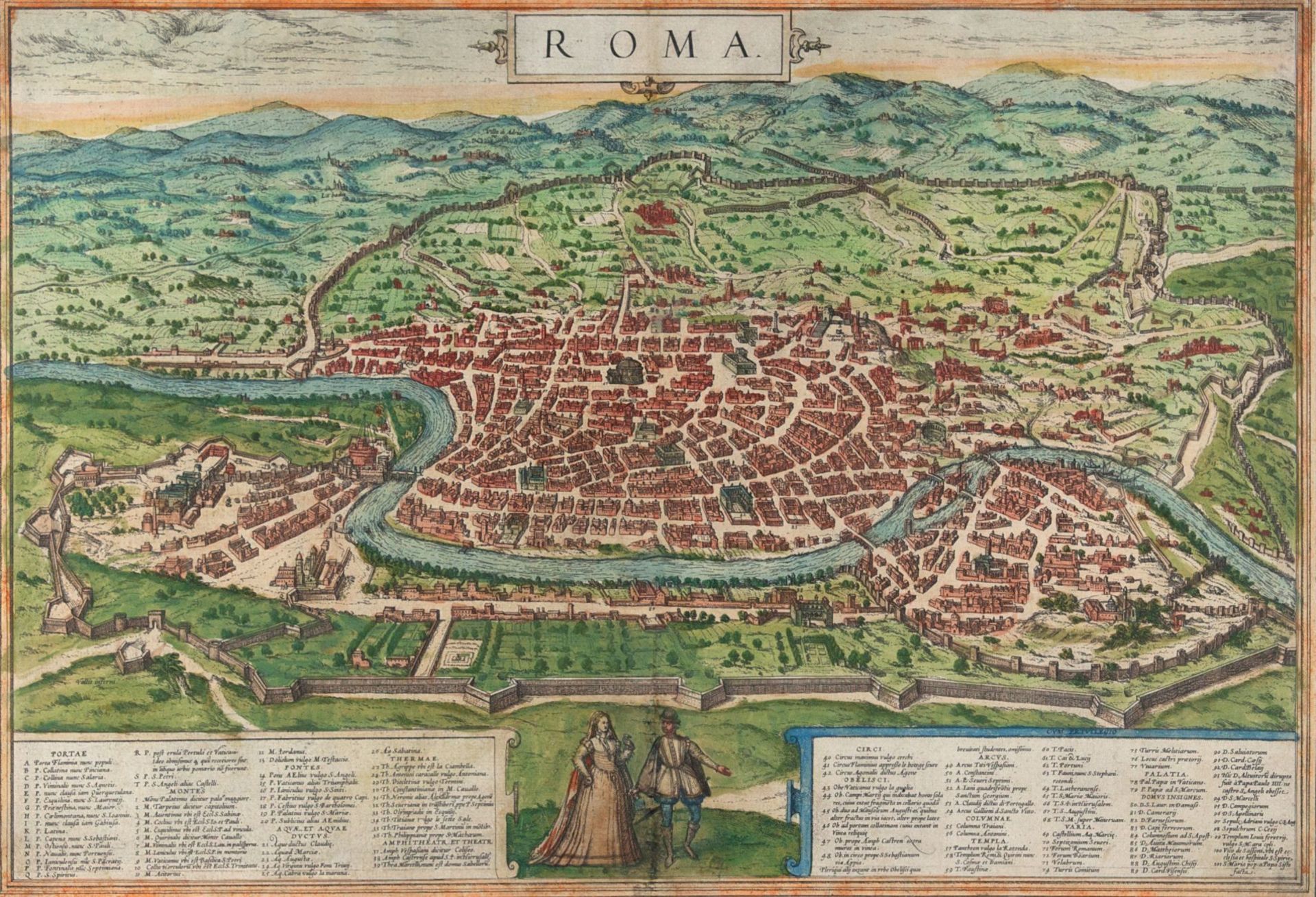 Rom. Roma, Ansicht aus der Vogelschau, kolorierter Kupferstich aus Braun-Hogenberg, um 1574.