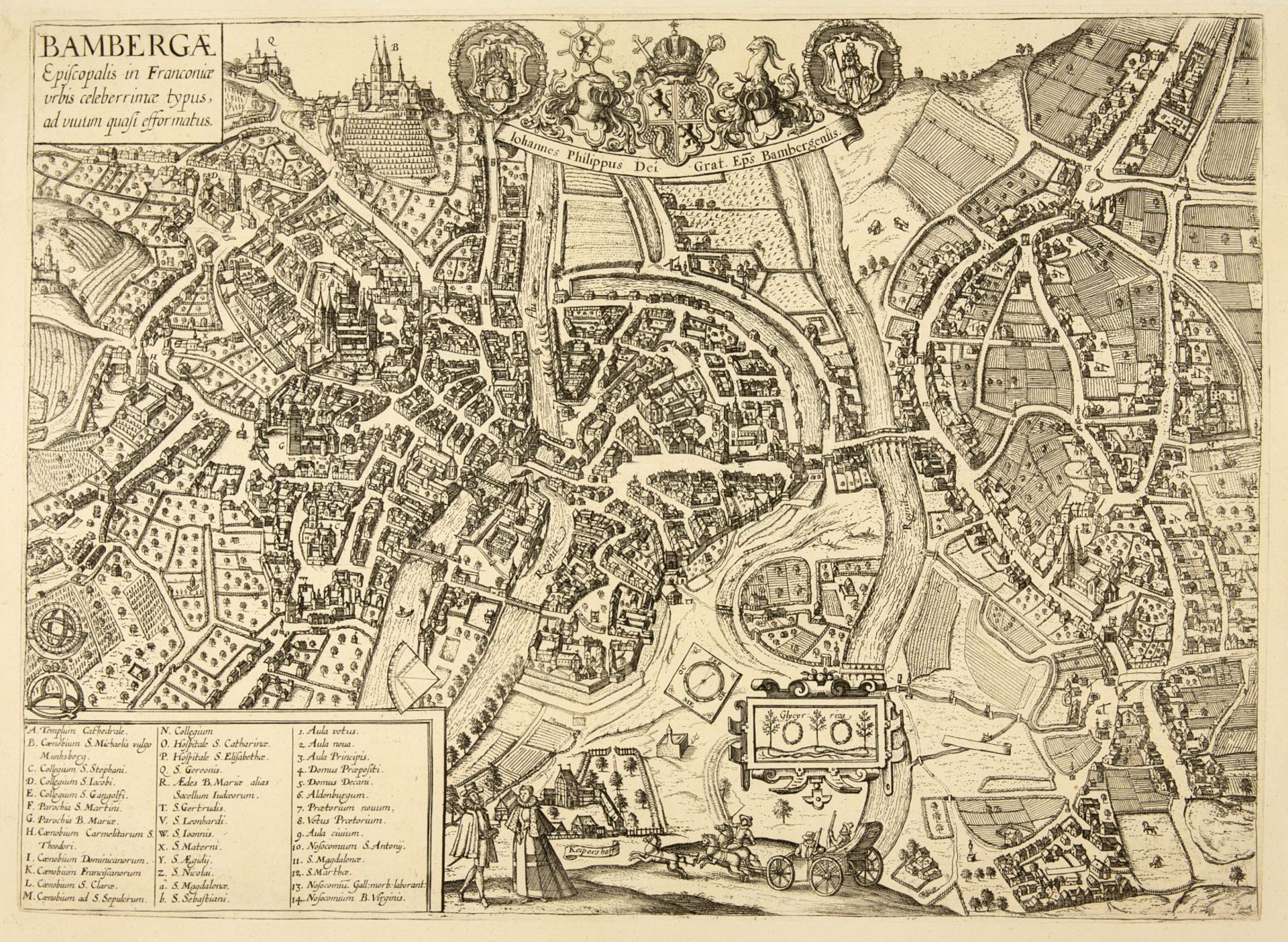 Bamberg. Vogelschau-Ansicht. Kupferstich aus Leti. 1689.