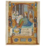 Darbringung Jesu im Tempel. Einzelblatt mit Miniatur aus lat. Stundenbuch auf Pgt. Paris, um 1500.