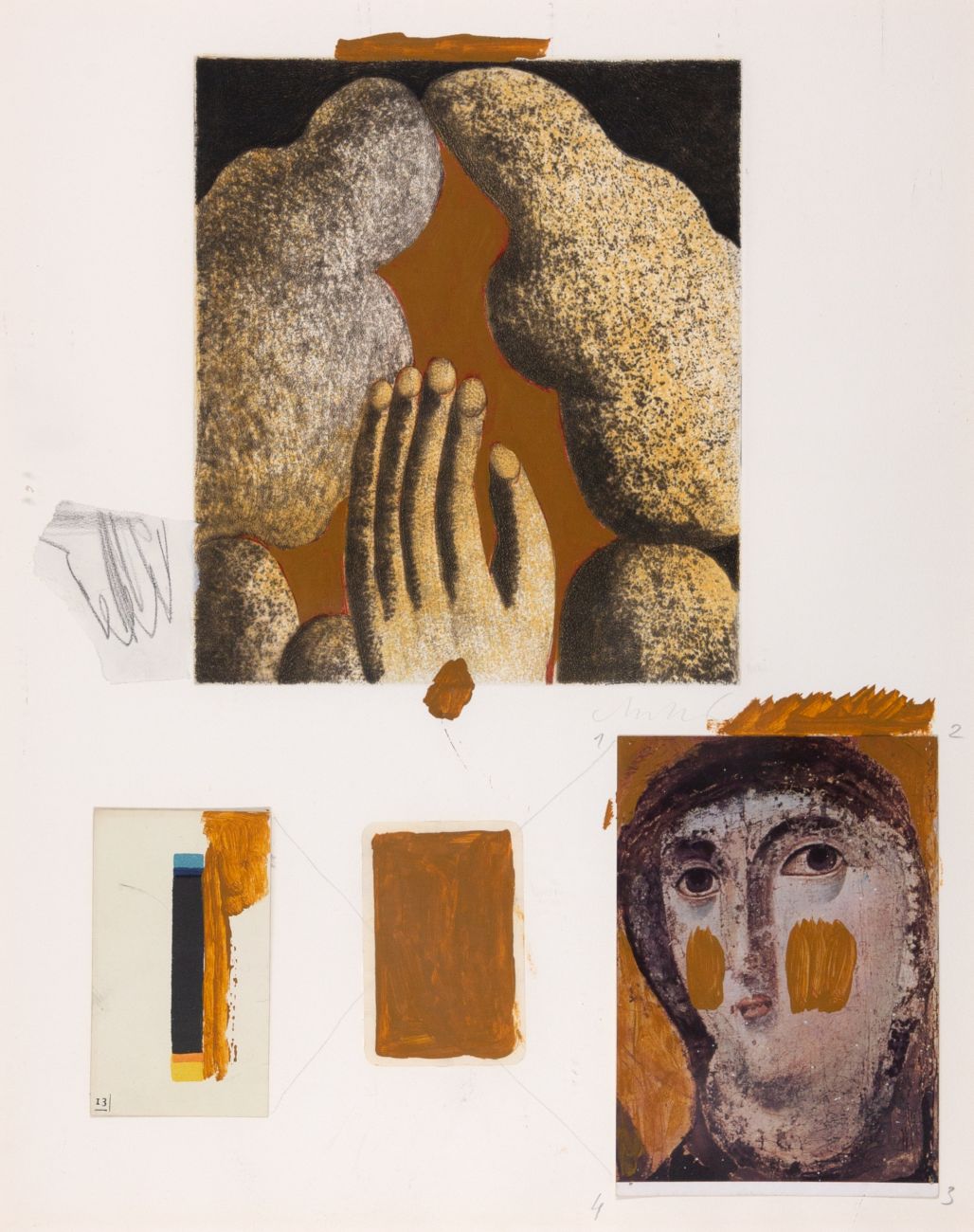 Horst Antes. Kopf und Hand. (1971). Farbaquatinta mit Collage und Gouache. Signiert.
