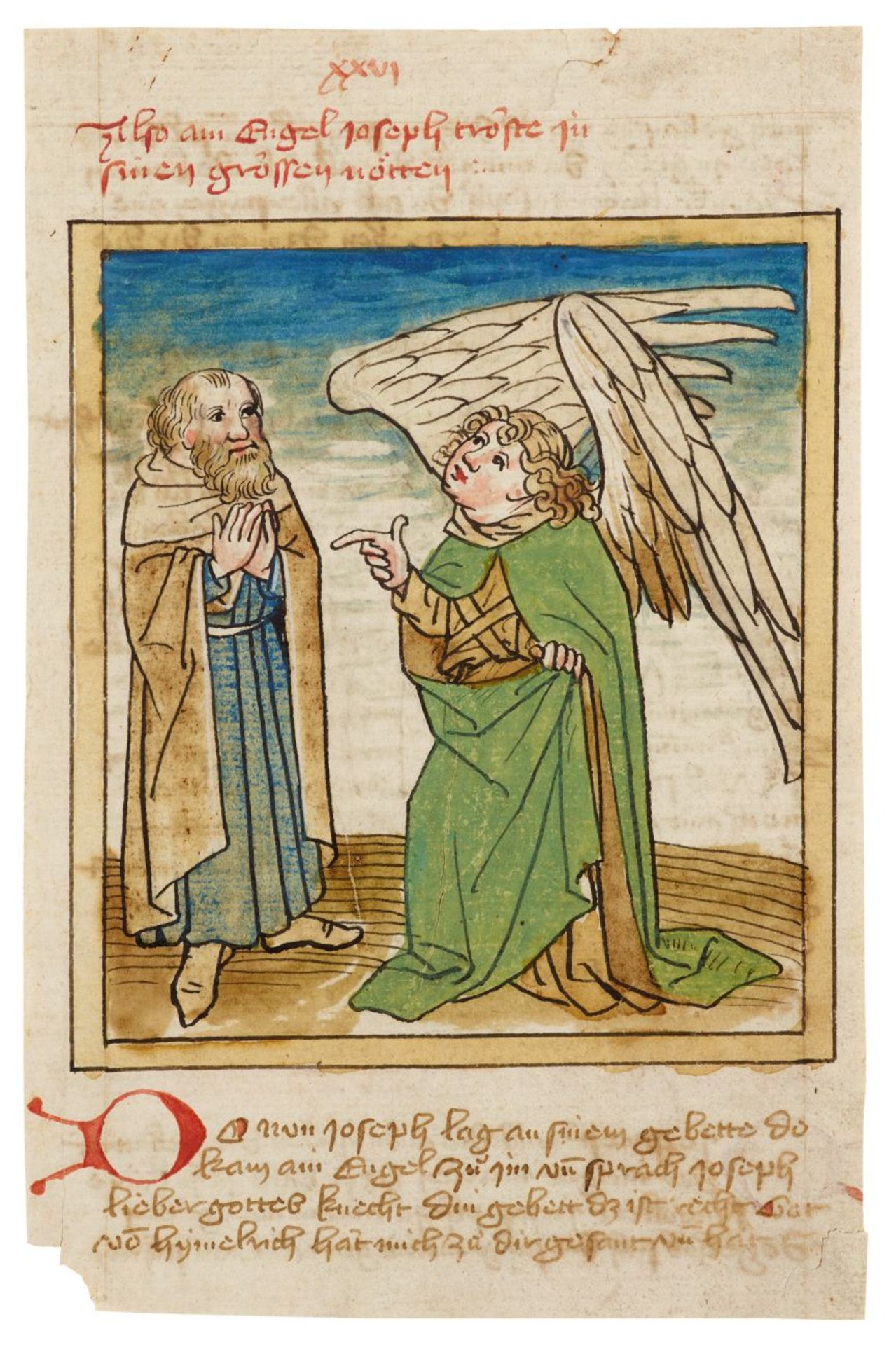 Joseph und der Engel. Blatt mit Miniatur aus Historienbibel. Handschrift auf Papier. Schwäbisch, um