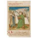 Joseph und der Engel. Blatt mit Miniatur aus Historienbibel. Handschrift auf Papier. Schwäbisch, um
