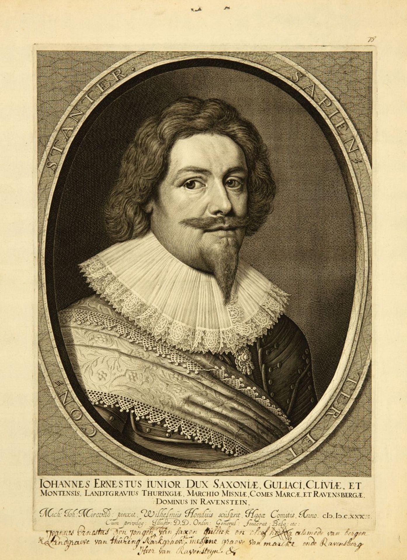 Johann Ernst von Sachsen (der Jüngere). Porträtkupfer von W. Hondius 1630.