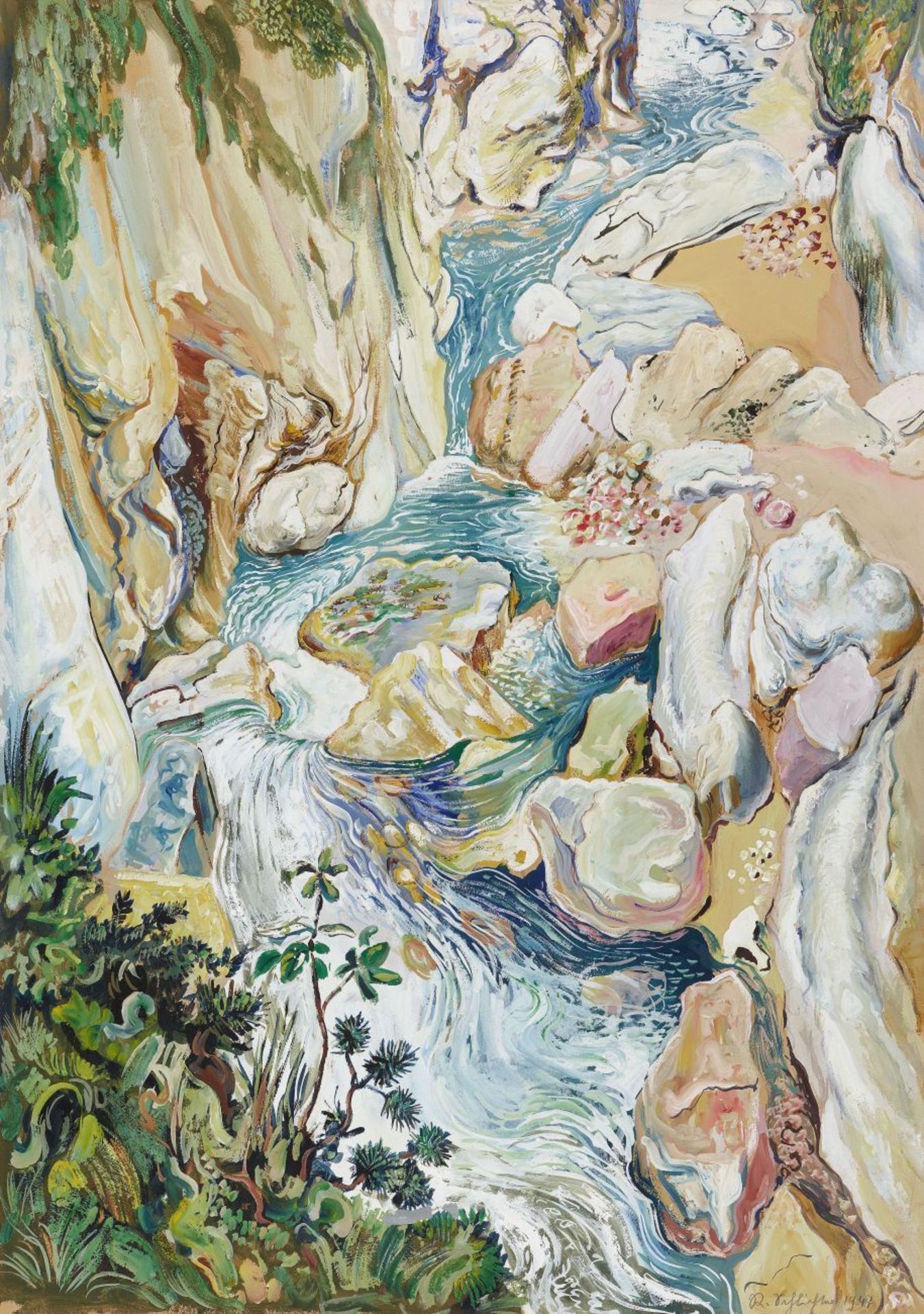 Rudolf Schlichter. Klamm mit reißendem Bach. 1947. Gouache über Bleistiftvorzeichnung. Signiert.