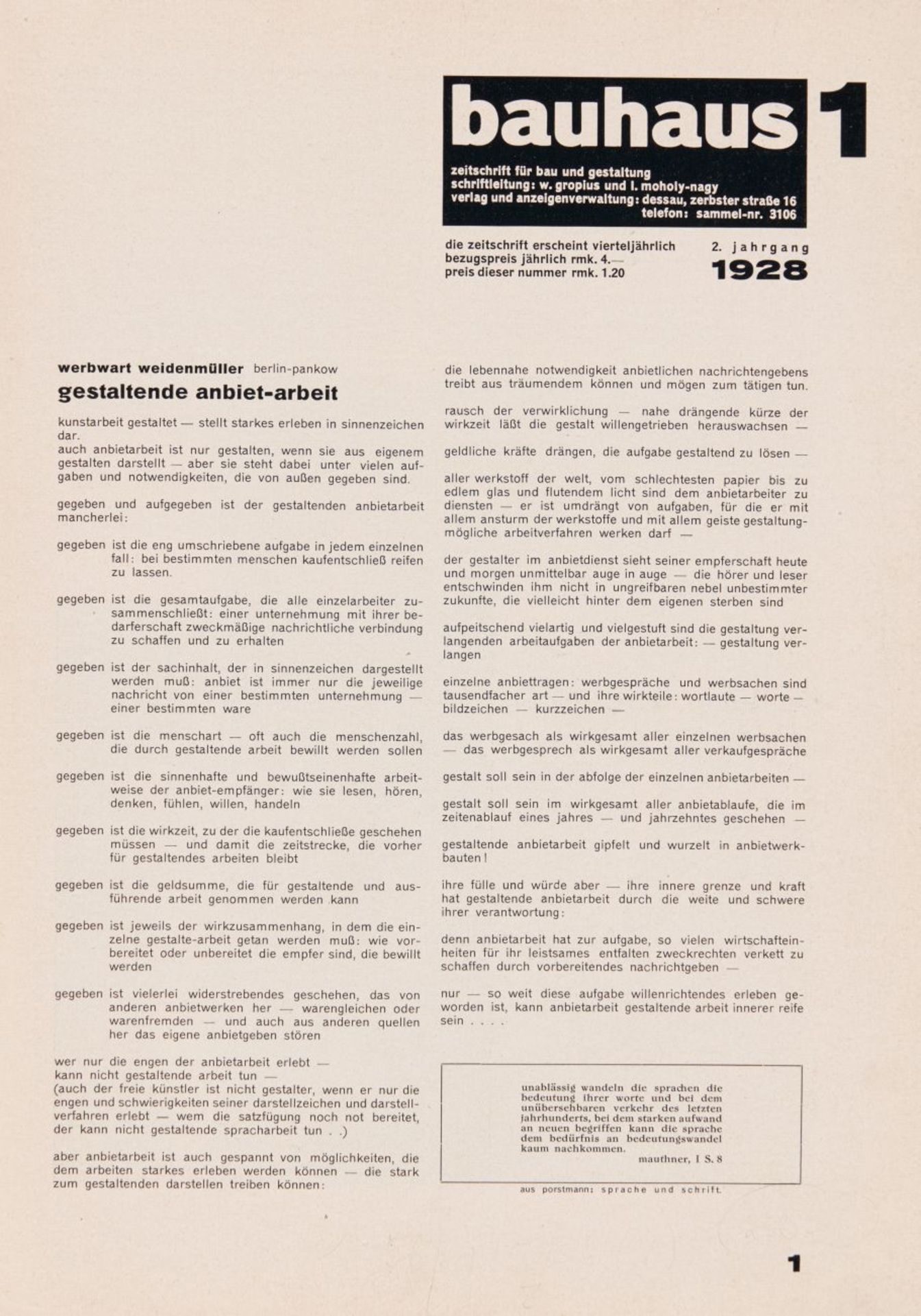 Bauhaus. Zeitschrift für Bau und Gestaltung. 2. Jg., Nr. 1. Dessau 1928. - Image 2 of 3