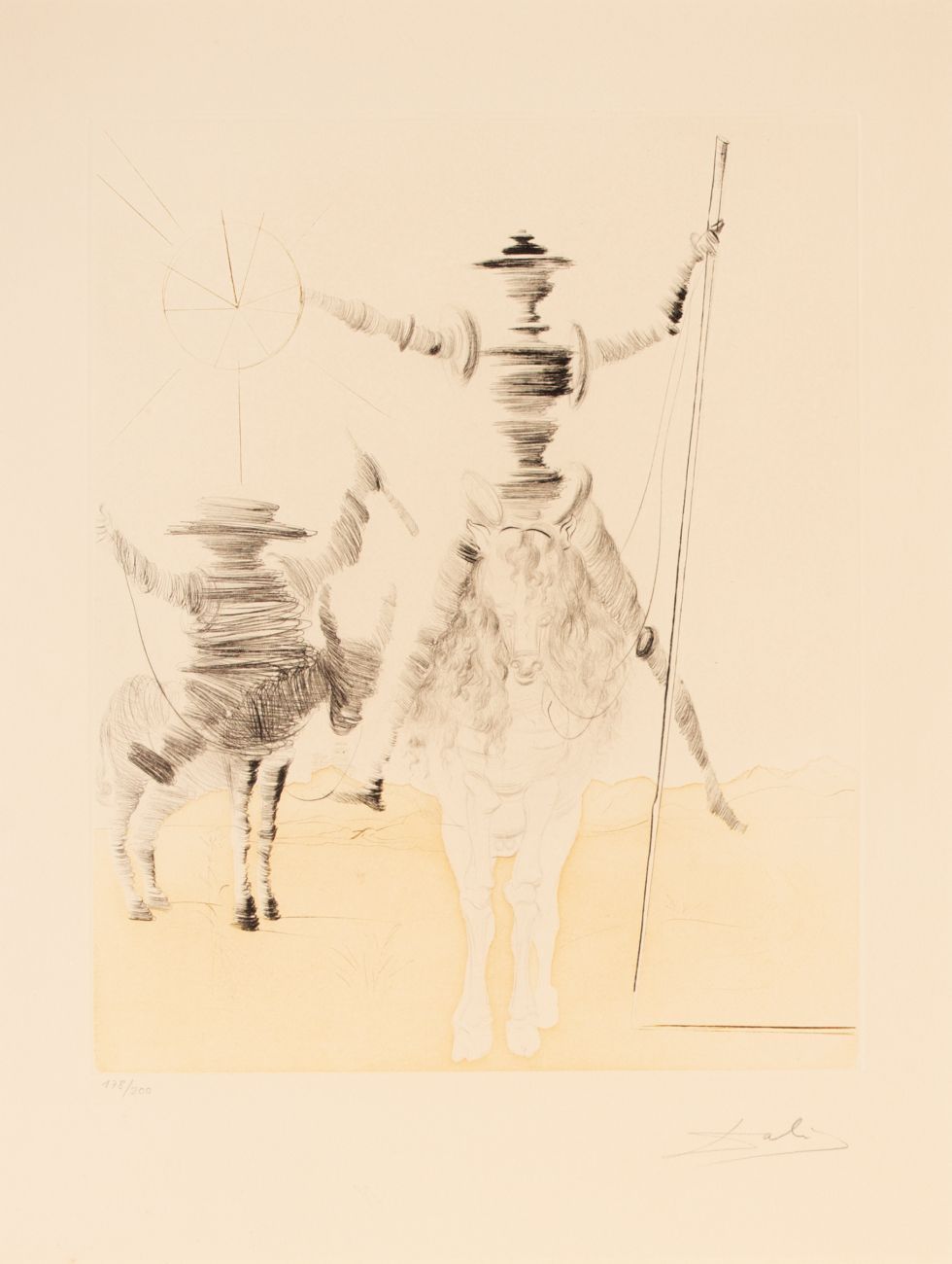 Salvador Dalí. Don Quichotte et Sancho Panca. 1968 (1980). Kaltnadelradierung mit Farbaquatinta. Sig