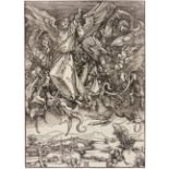 A. Dürer. Michaels Kampf mit dem Drachen (aus: Apokalypse). Holzschnitt. Lateinische Textausgabe, 15