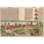 Köln. Colonia. Kolorierter Holzschnitt auf Doppelblatt der Chronik von H. Schedel. Nürnberg 1493.