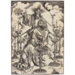 A. Dürer. Johannes erblickt die sieben Leuchter (aus: Apokalypse). Holzschnitt. Lateinische Textausg