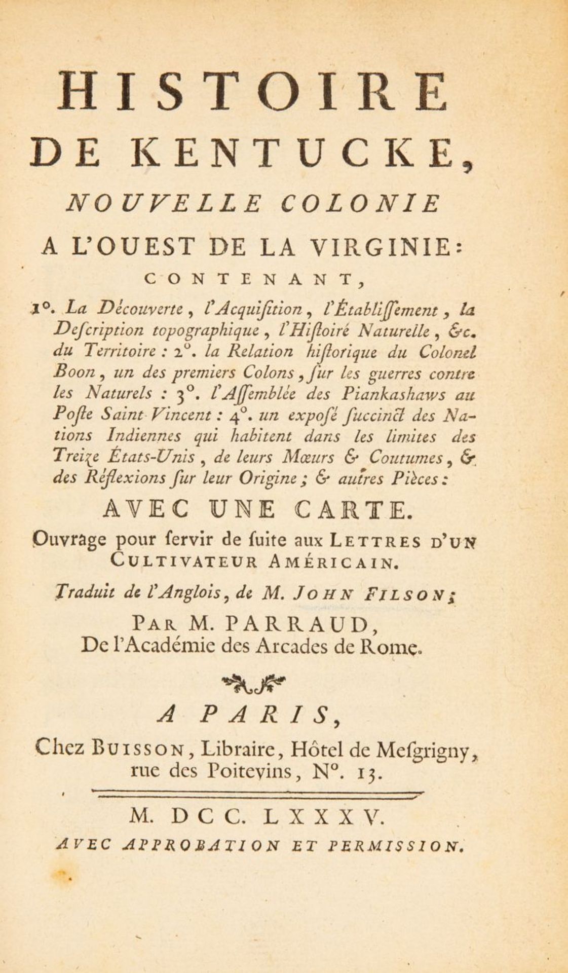 J. Filson, Histoire de Kentucke. Paris 1775.
