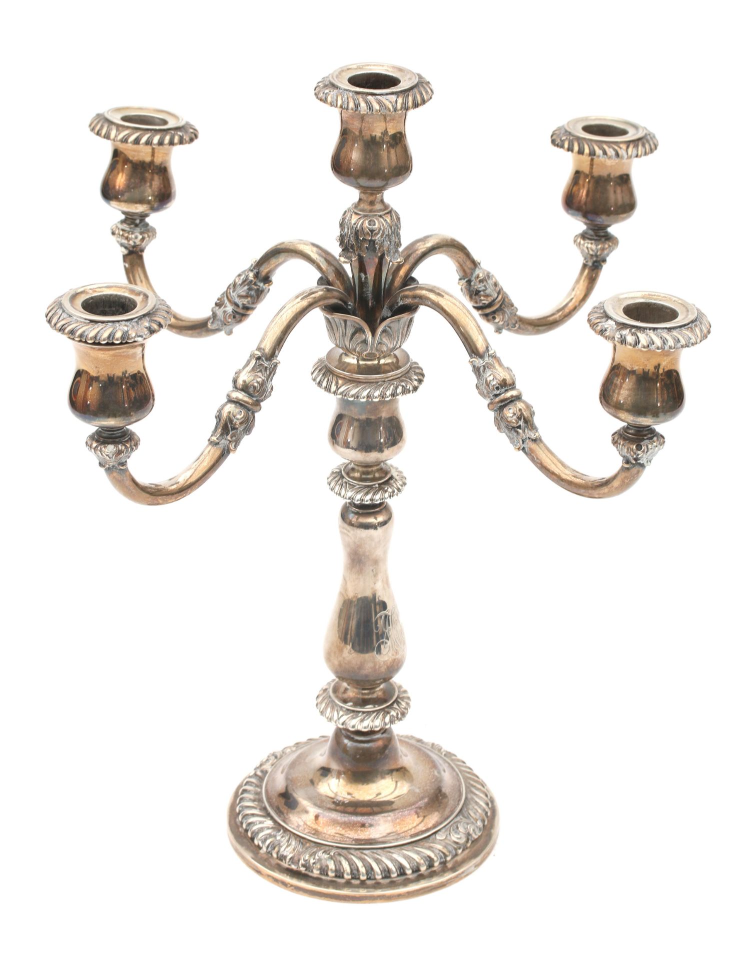 A five arm sterling silver candelabra, England, early 20th century.