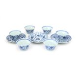 Six Chinese blue-white porcelain cups and three saucers.