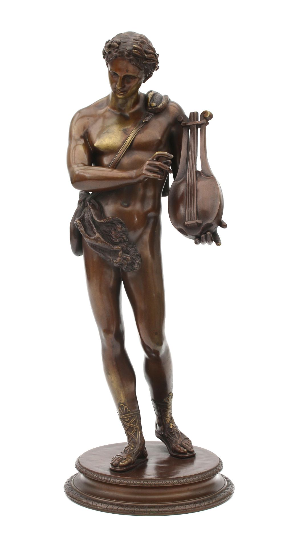 A bronze statue of Apollo dressed in a loincloth, holding a lyre, unsigned, end of 19th century.