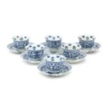 Six Chinese blue and white porcelain cups and saucers, Qianlong