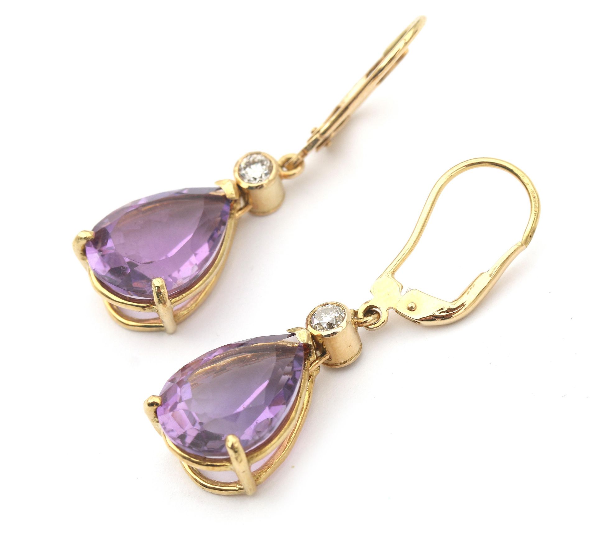 A pair of 18 karat gold diamond and amethyst earrings - Image 2 of 2