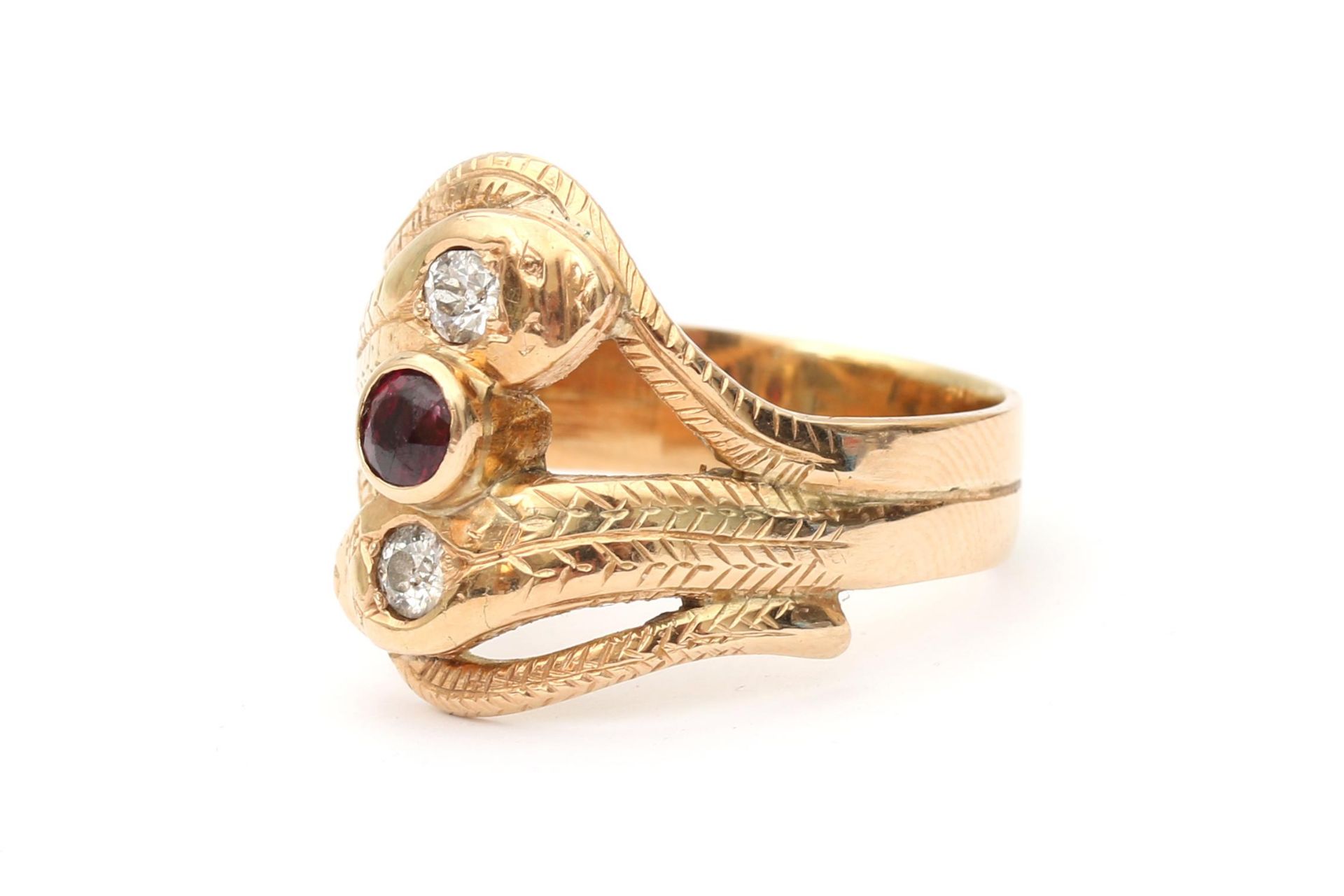 A 14 karat gold gold diamond and ruby snake ring - Image 2 of 2