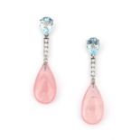 A pair of 18 karat white gold rose quartz and aquamarine earrings. Total ca. 0.24 ct. Gross weight: