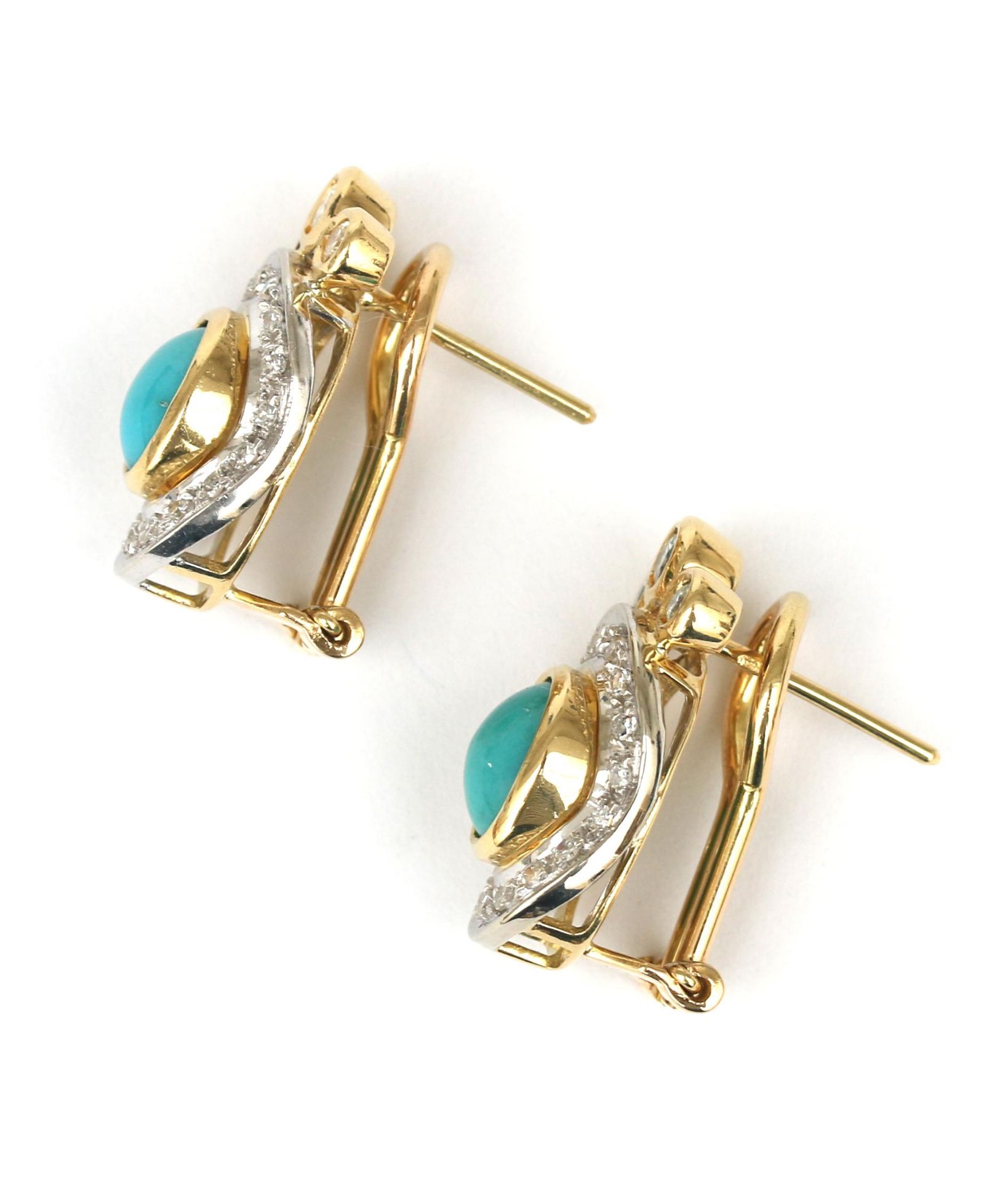 A pair of 18 karat two tone gold diamond and turquoise earrings - Image 2 of 2