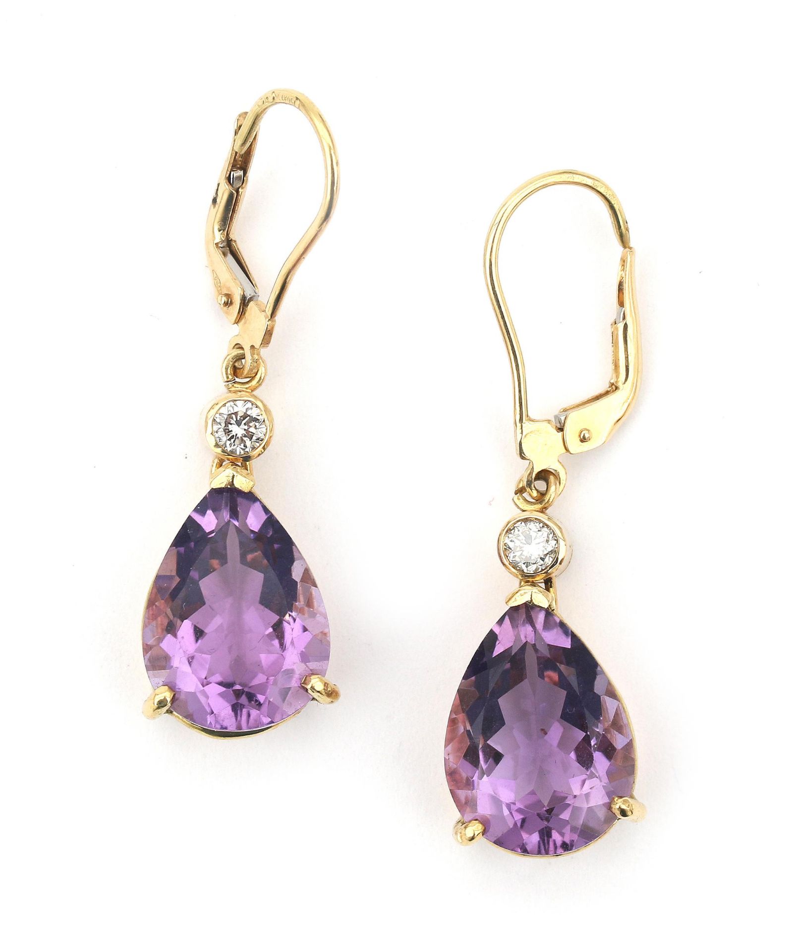 A pair of 18 karat gold diamond and amethyst earrings