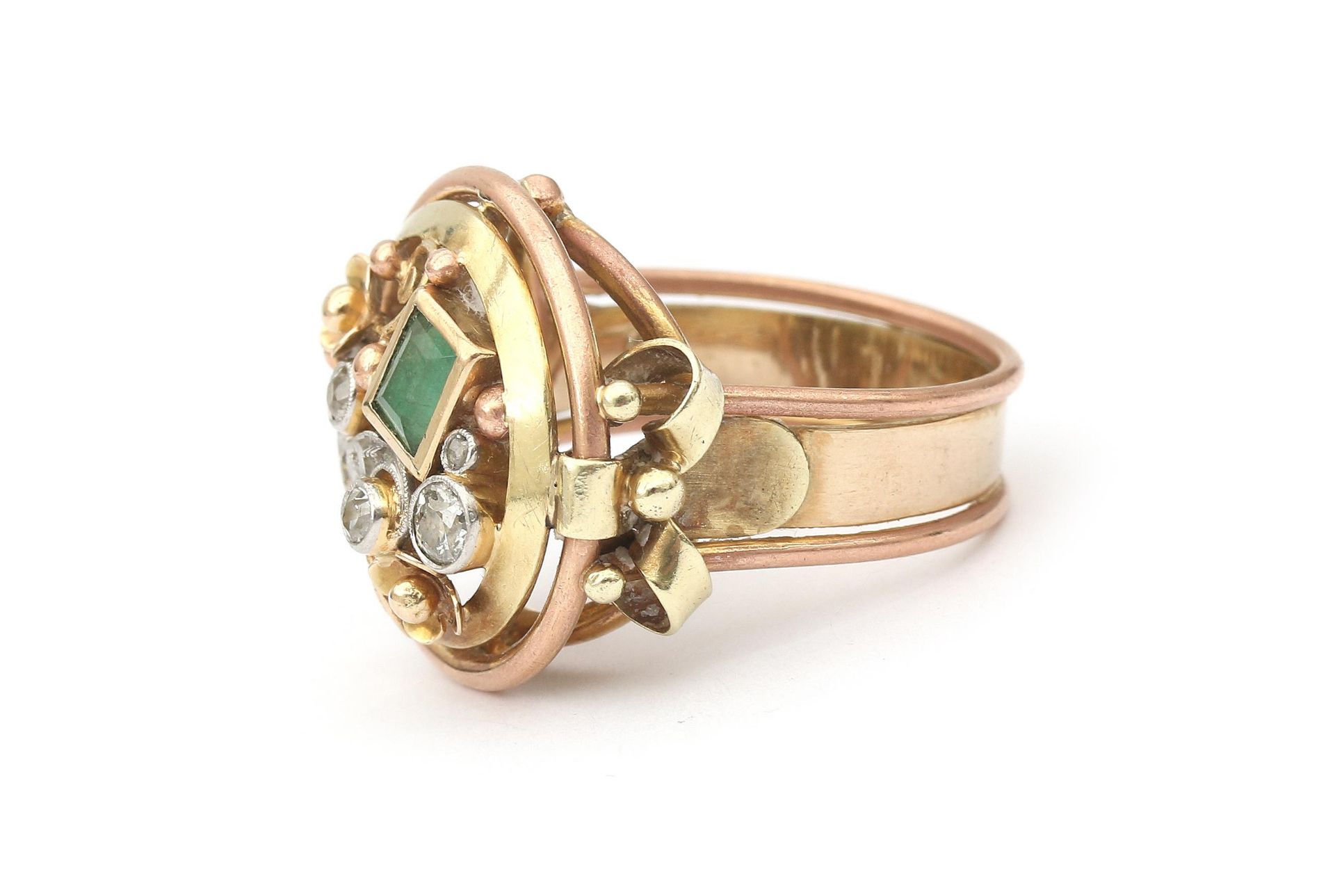 A 14 karat gold diamond and emerald ring, ca. 1950's - Image 2 of 2