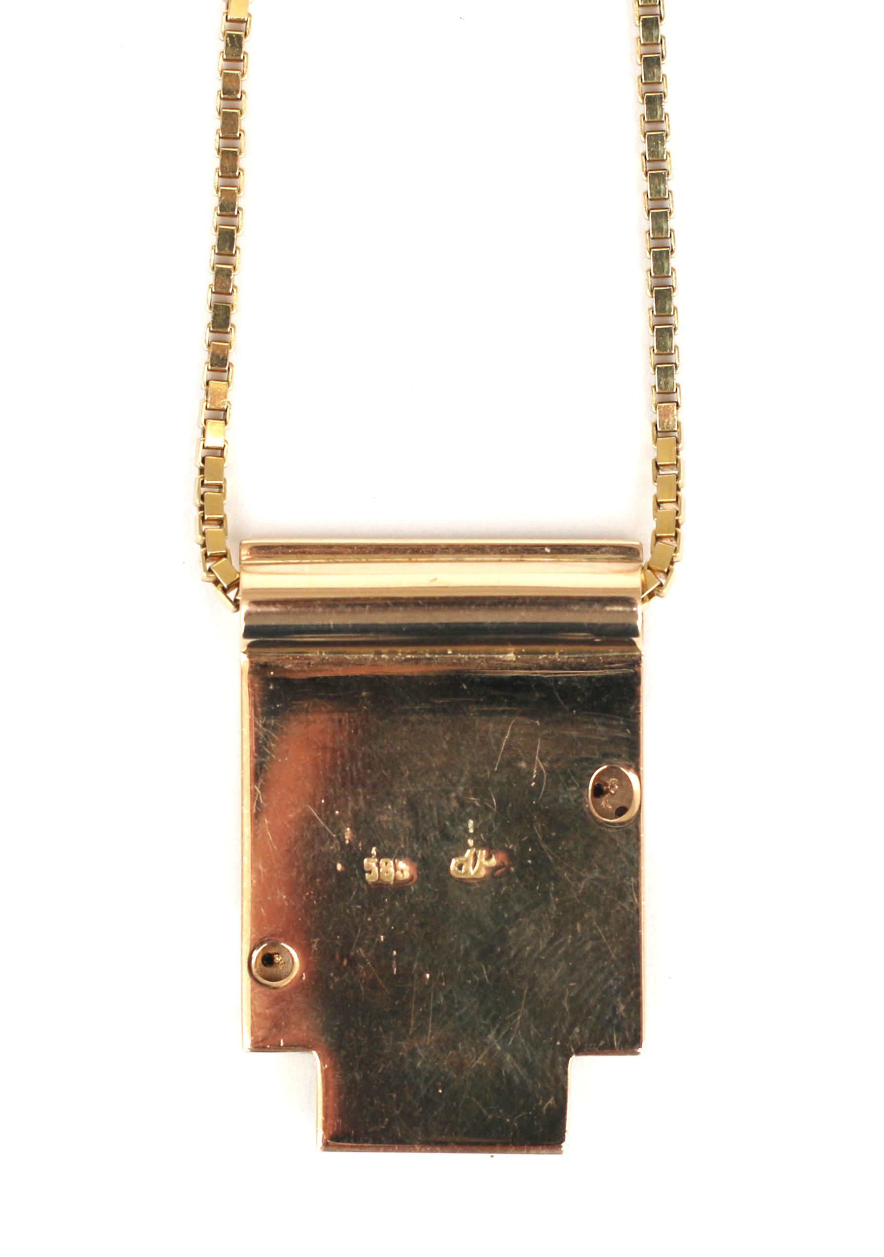 A 14 karat gold necklace with a chysophrase and diamond pendant - Image 2 of 3