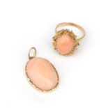 An 18 karat gold ring and 14 karat pendant with angelskin coral, ca. 1970