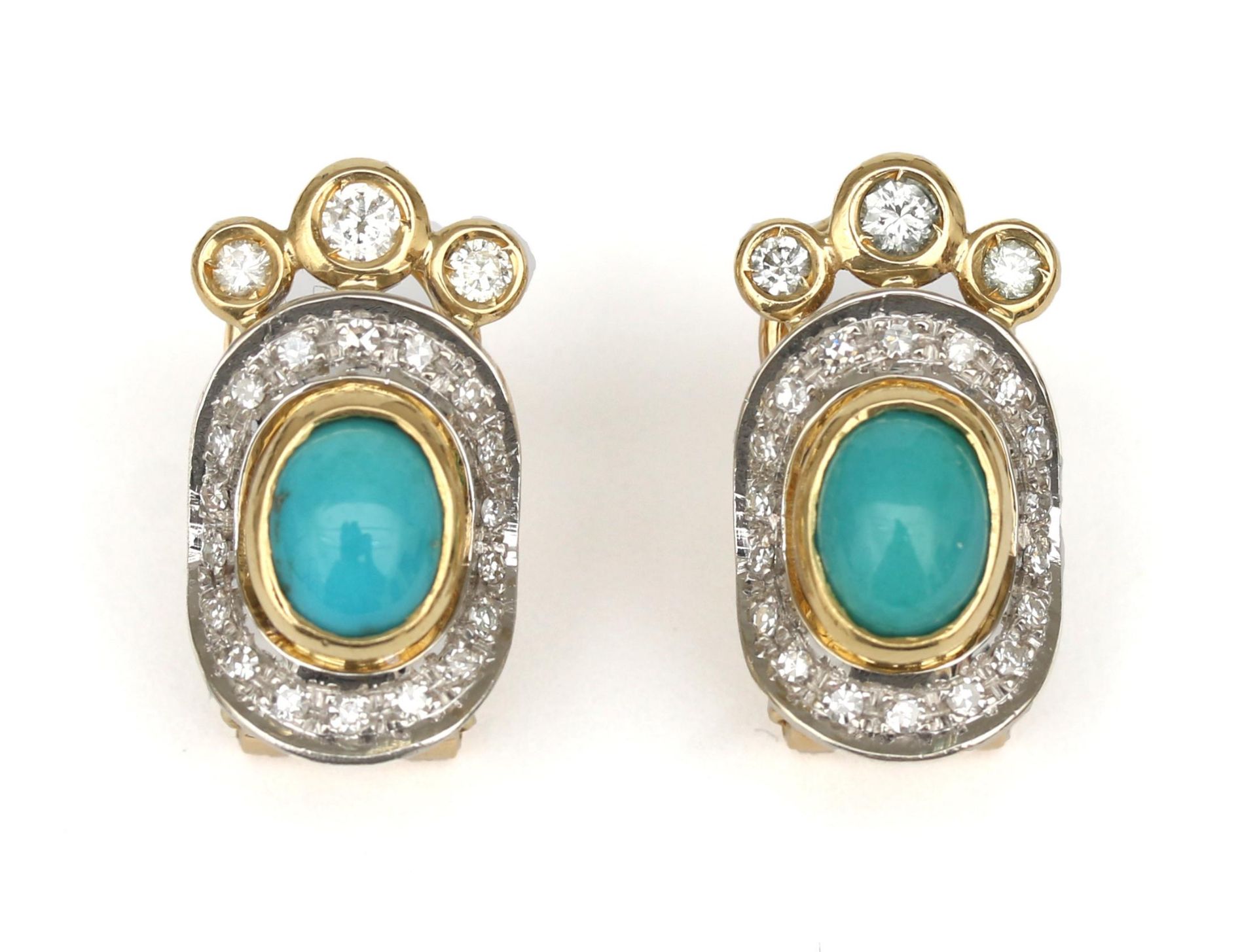 A pair of 18 karat two tone gold diamond and turquoise earrings