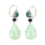 A pair of 18 karat white gold agate and emerald earrings