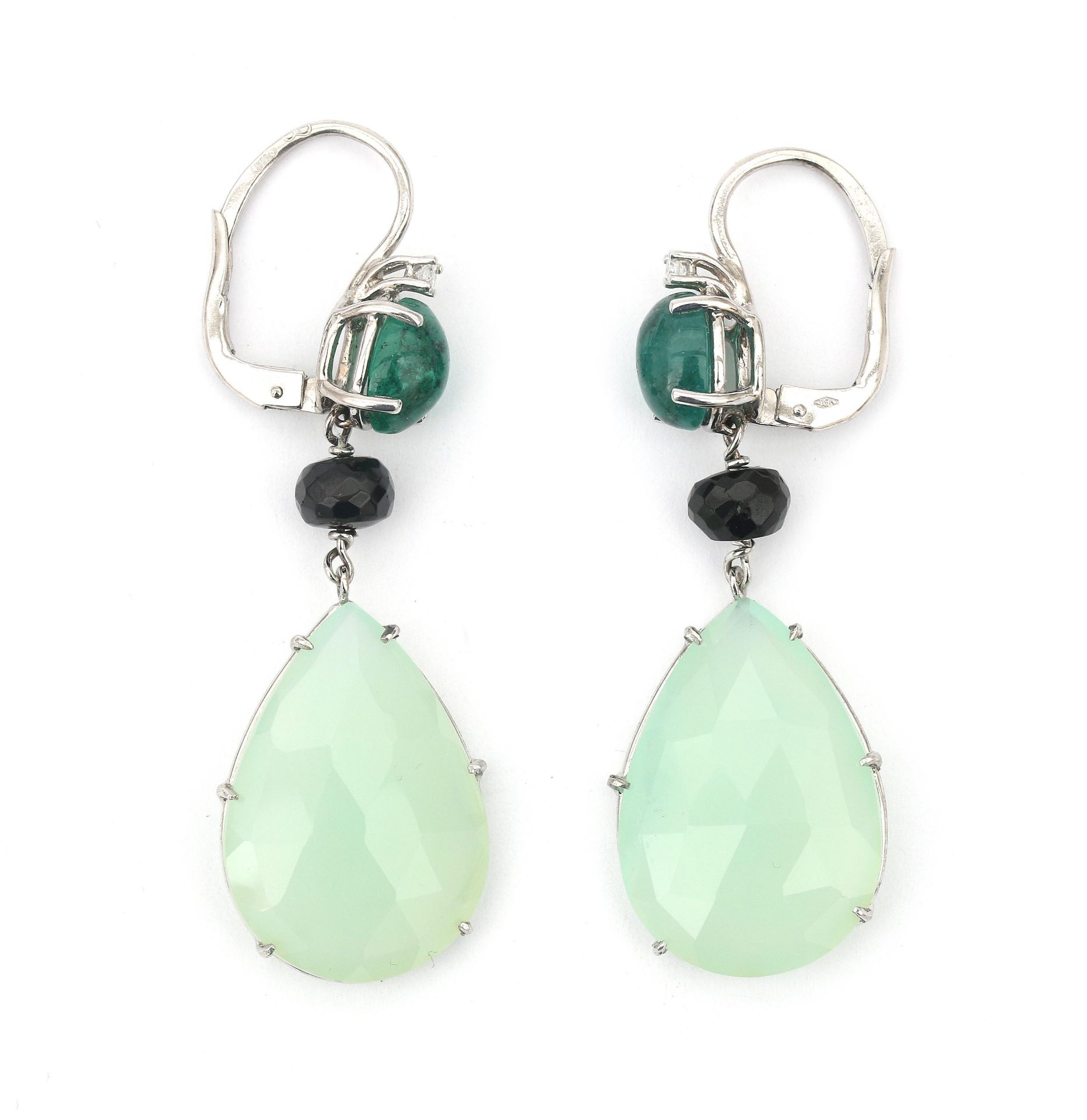 A pair of 18 karat white gold agate and emerald earrings