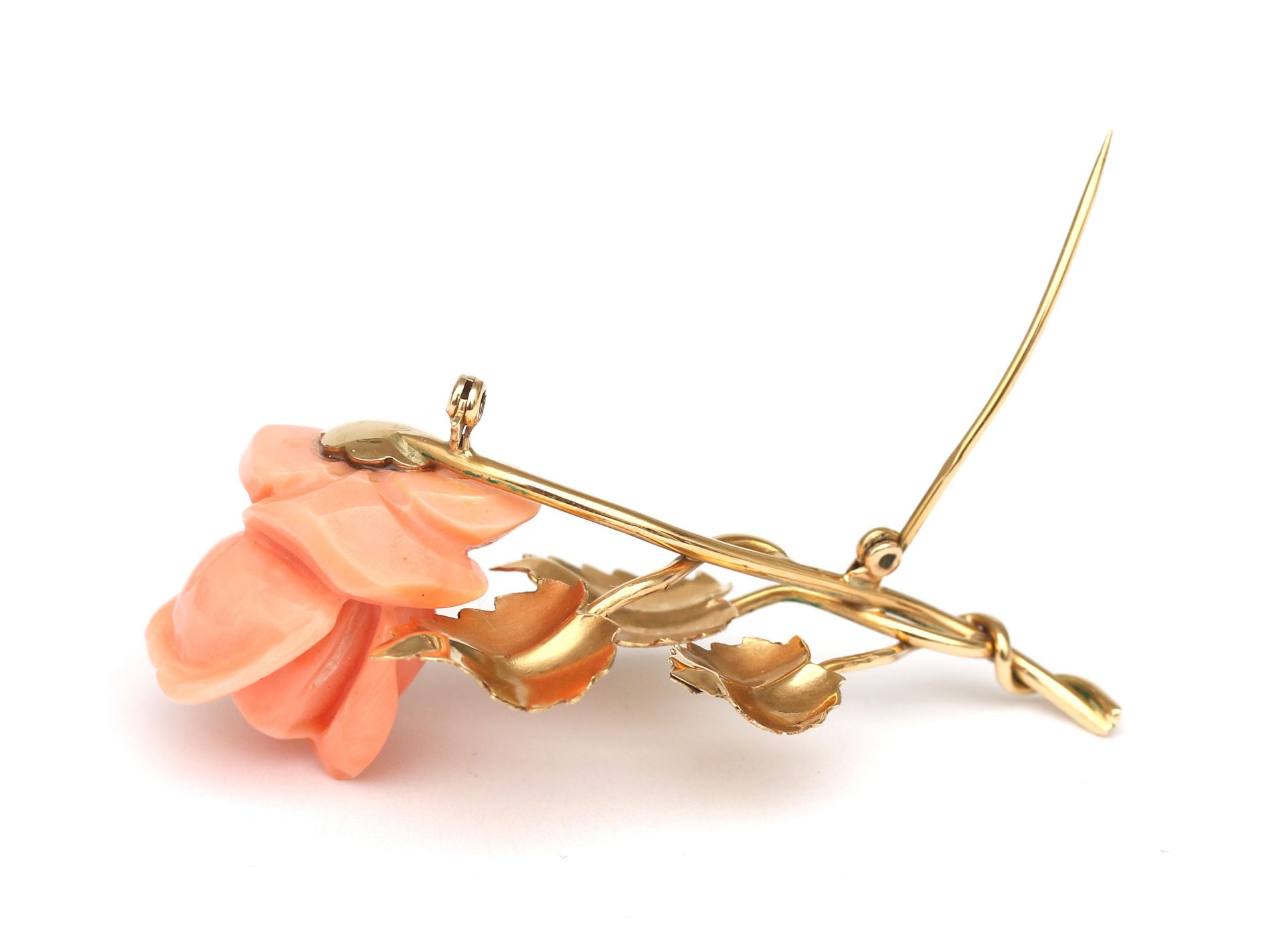 An 18 karat gold flower brooch with angelskin coral - Image 2 of 2