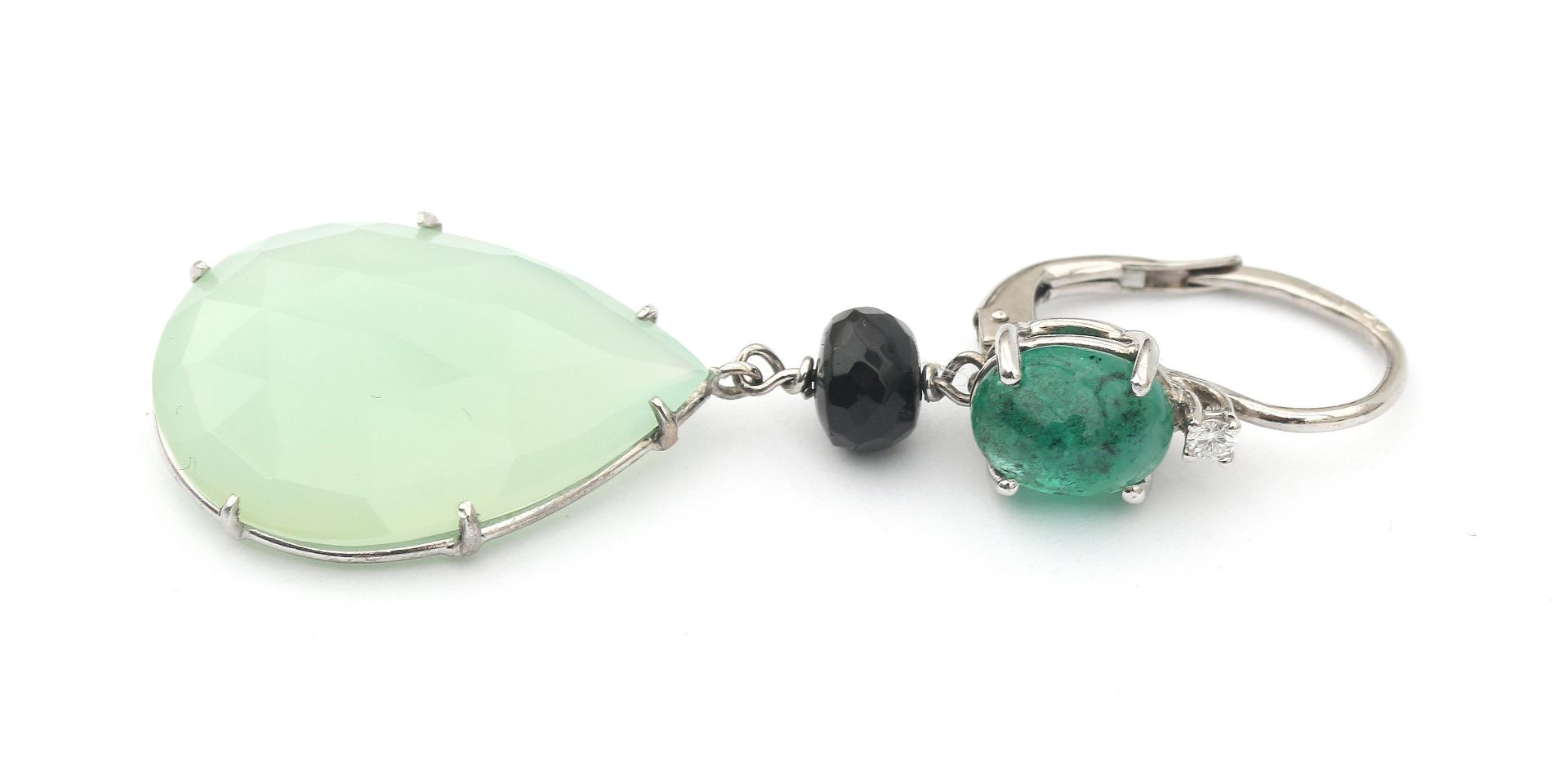A pair of 18 karat white gold agate and emerald earrings - Image 2 of 2