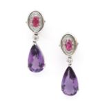 A pair of 18 karat white gold amethyst, ruby and diamond earrings