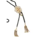 A silver necklace with a 14 karat gold slide pendant and tassels