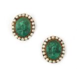 A pair of 14 karat gold malachite and pearl earrings