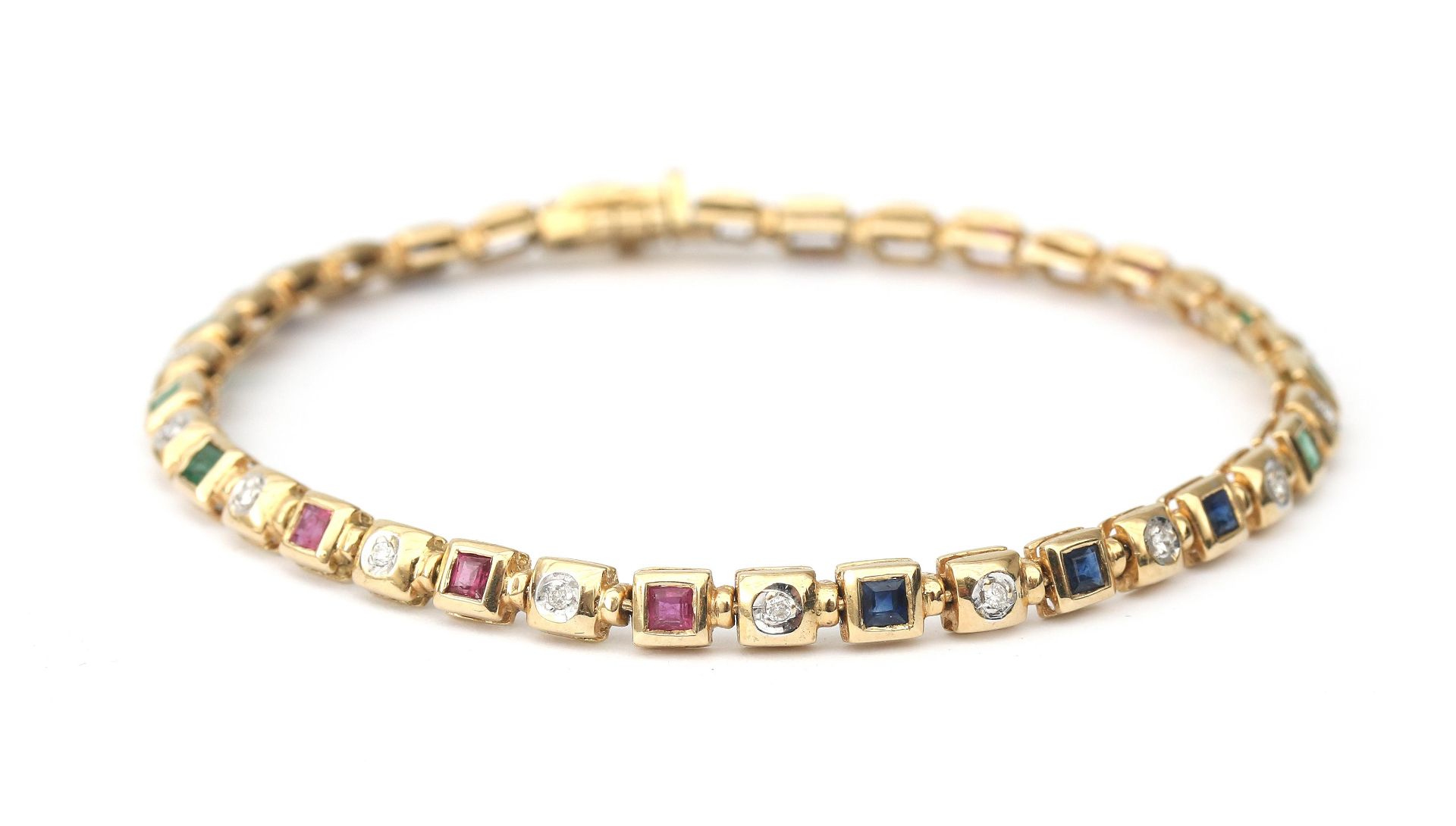 A 14 karat gold diamond, ruby, emerald and sapphire bracelet - Image 2 of 3