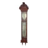 A barometer, thermometer and checker and tin shell plates in mahogany cabinet and crest crowned with