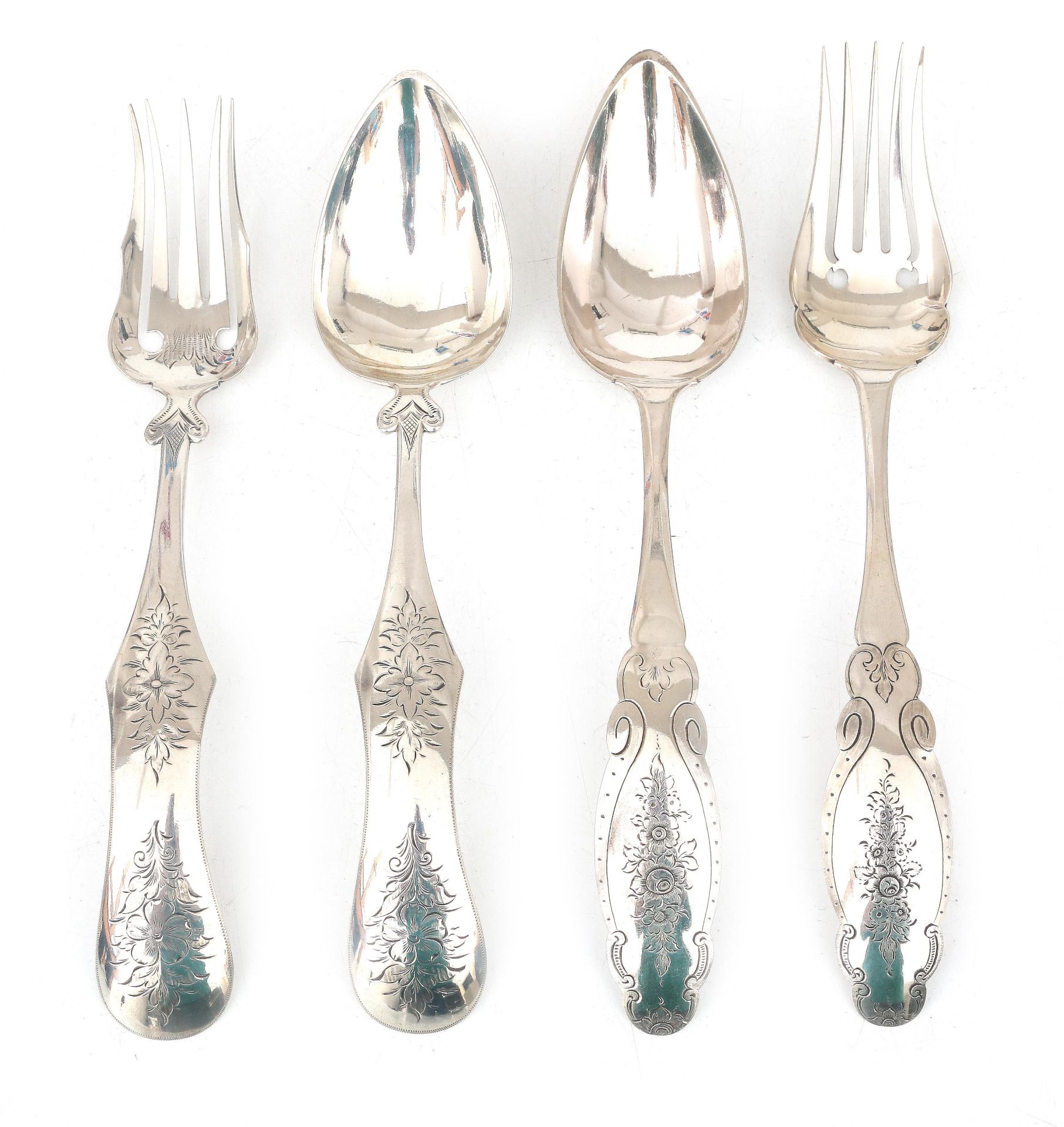 Two 835 silver server cutlery sets with floral engraved decoration, Holland, 1866.