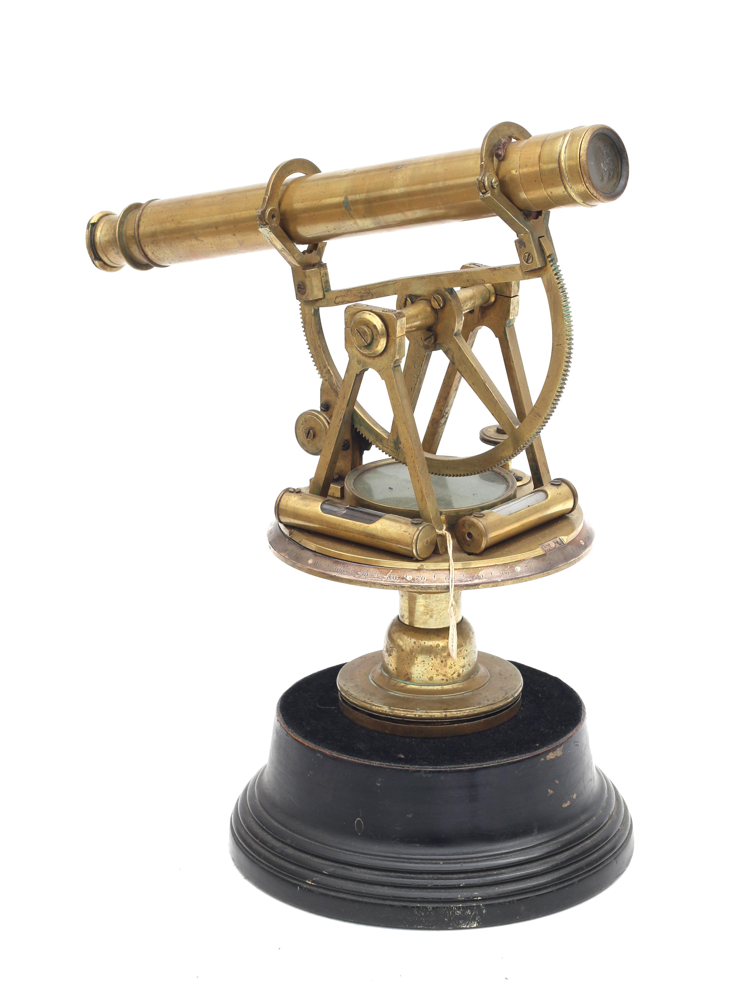 A brass theodolite telescope on wooden base, England, 19th century.