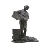 A Japanese bronze sculpture of a man with bucket and sieve, signed, Meiji-period.