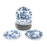 Twelve blue and white Chinese porcelain plates with floral decoration, Qianlong, early 18th century.