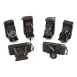 Six diverse folding cameras, including, amongst others, Kinax, Foka and Agfa, 20th century.