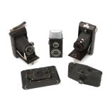 Five bakelite cameras, including, amongst others: Purma, Zeiss Ikon, and Clix-O-Flex, mainly 1930s/1